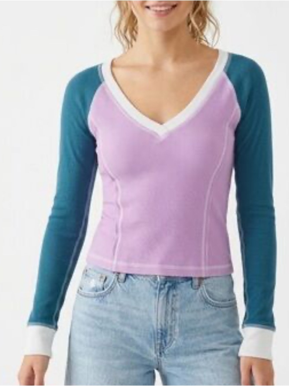 Pilcro Anthropologie Colorblock V‑Neck Long Sleeve Top in Lavender & Teal Medium